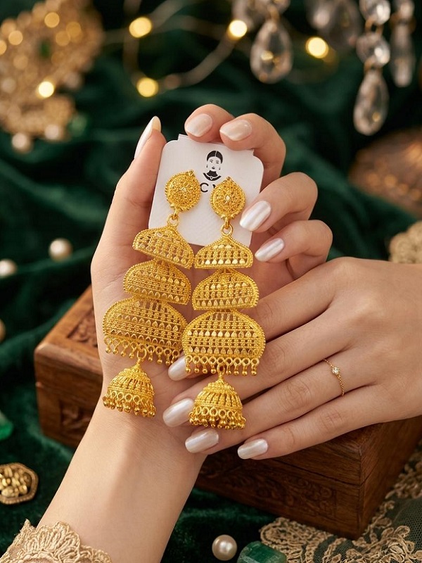 Traditional Gold-Plated 3-Layer Jhumka Earrings for Women (ZV:141674) Traditional Gold-Plated 3-Layer Jhumka Earrings for Women (ZV:141674)