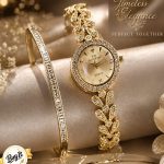 Elegance Gold-Tone Crystal Studded Quartz Watch & Bracelet Set (ZV:141678)