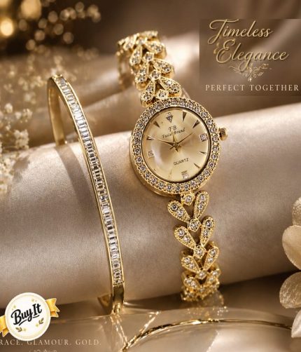 Elegance Gold-Tone Crystal Studded Quartz Watch & Bracelet Set (ZV:141678)