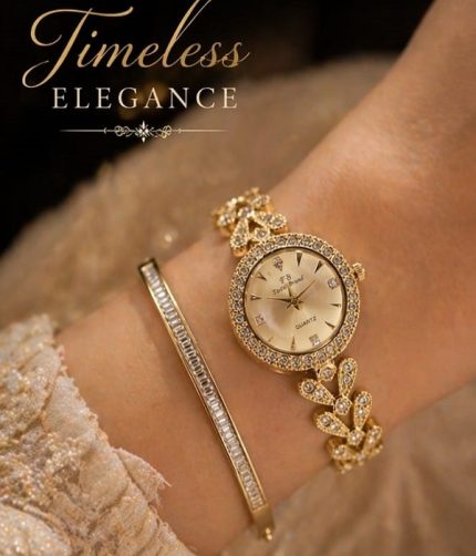 Elegance Gold-Tone Crystal Studded Quartz Watch & Bracelet Set (ZV:141678)