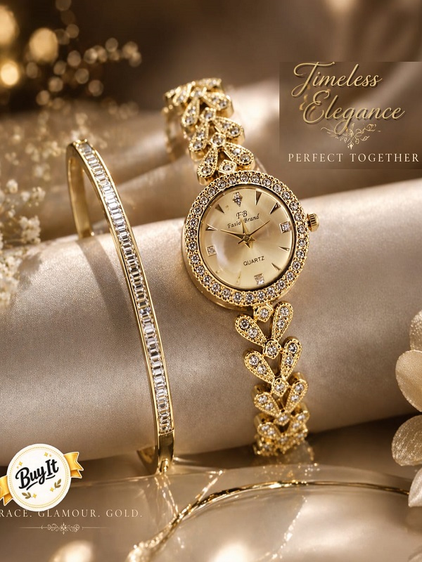 Elegance Gold-Tone Crystal Studded Quartz Watch & Bracelet Set (ZV:141678) Elegance Gold-Tone Crystal Studded Quartz Watch & Bracelet Set (ZV:141678)
