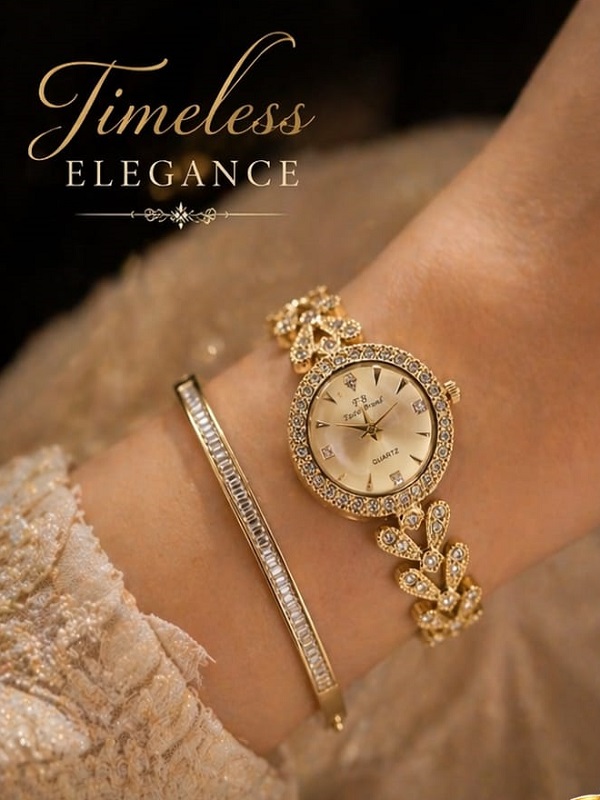 Elegance Gold-Tone Crystal Studded Quartz Watch & Bracelet Set (ZV:141678) Elegance Gold-Tone Crystal Studded Quartz Watch & Bracelet Set (ZV:141678)