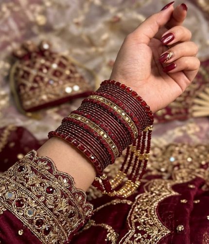 Maroon & Gold Bridal Crystal Jhoola Metal Bangles Set (ZV:141737)