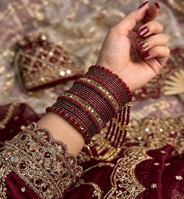 Maroon & Gold Bridal Crystal Jhoola Metal Bangles Set (ZV:141737)