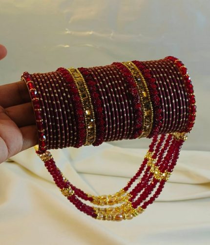 Maroon & Gold Bridal Crystal Jhoola Metal Bangles Set (ZV:141737)