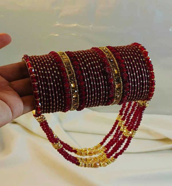 Maroon & Gold Bridal Crystal Jhoola Metal Bangles Set (ZV:141737)