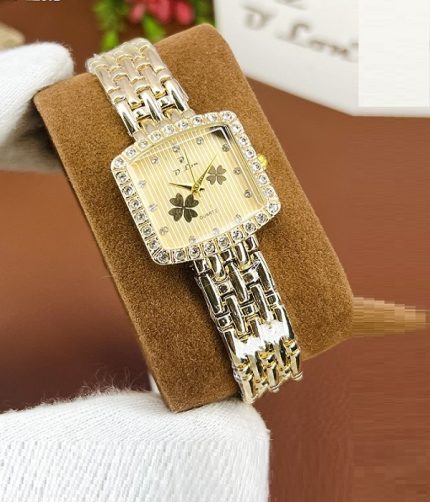Two-Tone Square Crystal Studded Quartz Watch with Clover Dial (ZV:141691)