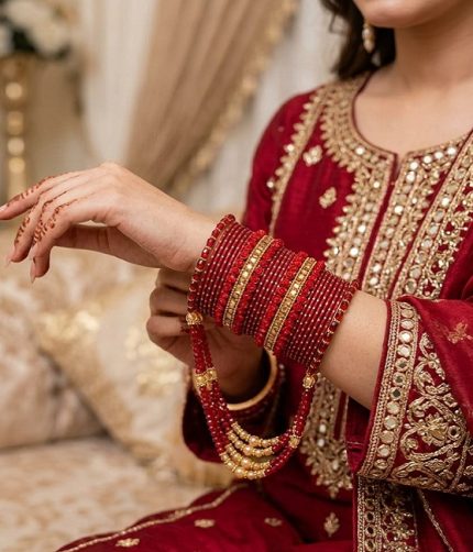 Red Bridal Crystal Jhoola Metal Bangles Set with Latkan (ZV:141749)