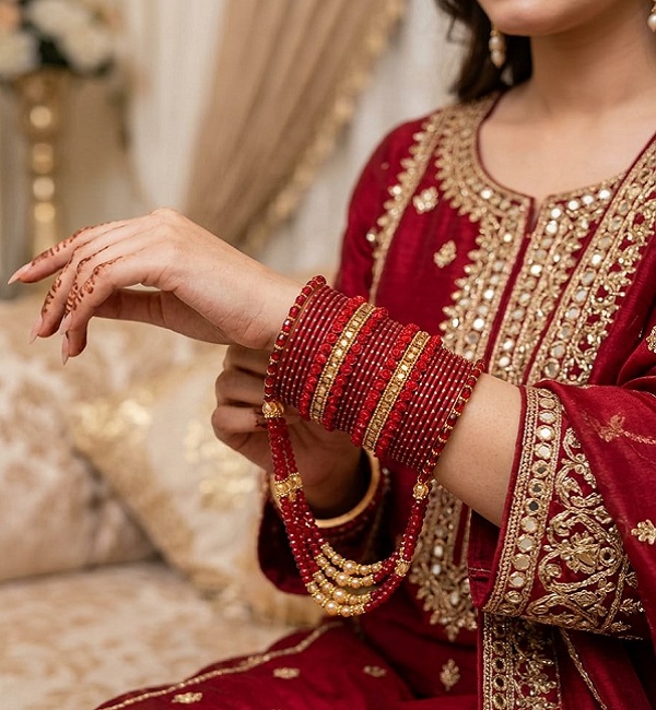 Red Bridal Crystal Jhoola Metal Bangles Set with Latkan (ZV:141749)