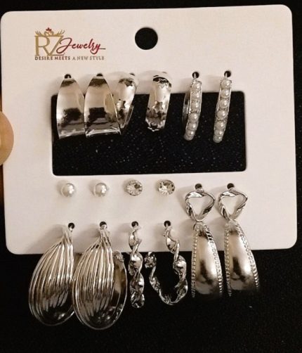 Silver Multi-Design Earrings Pack of 9 Pairs (ZV:141717)
