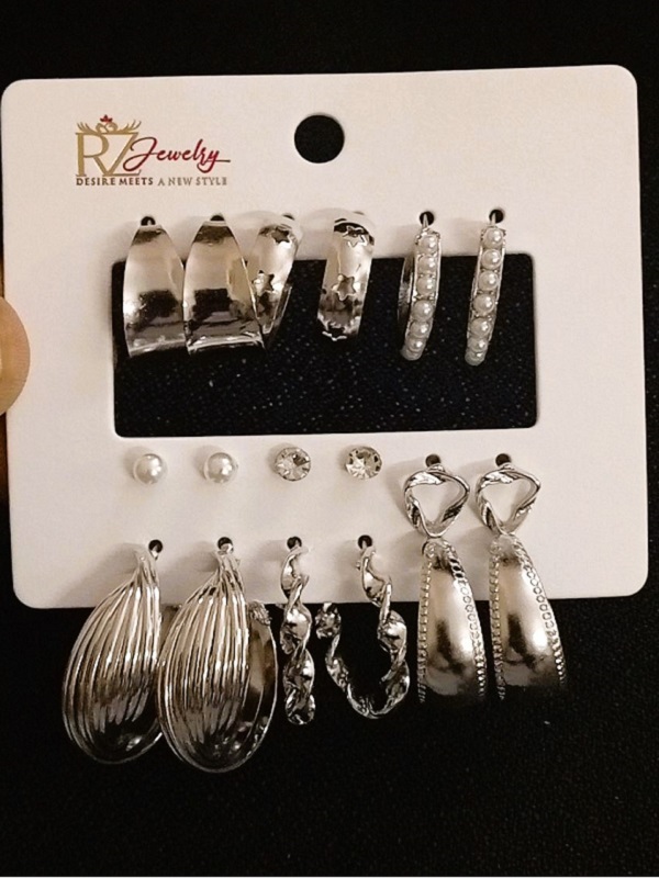 Silver Multi-Design Earrings Pack of 9 Pairs (ZV:141717)