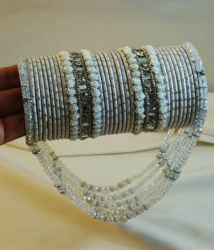 White & Silver Bridal Crystal Jhoola Metal Bangles Set with Latkan (ZV:141741)