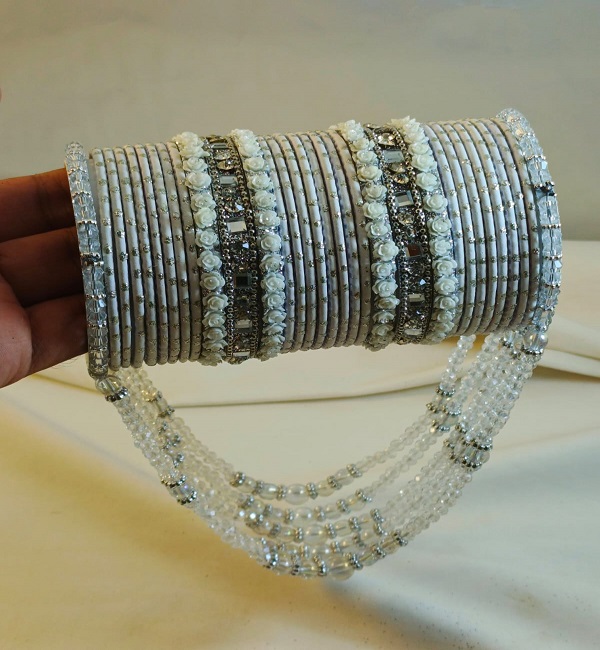 White & Silver Bridal Crystal Jhoola Metal Bangles Set with Latkan (ZV:141741)