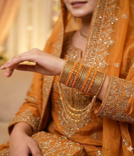 Yellow Bridal Crystal Jhoola Metal Bangles Set with Latkan (ZV:141745)
