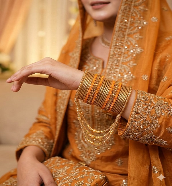 Yellow Bridal Crystal Jhoola Metal Bangles Set with Latkan (ZV:141745)