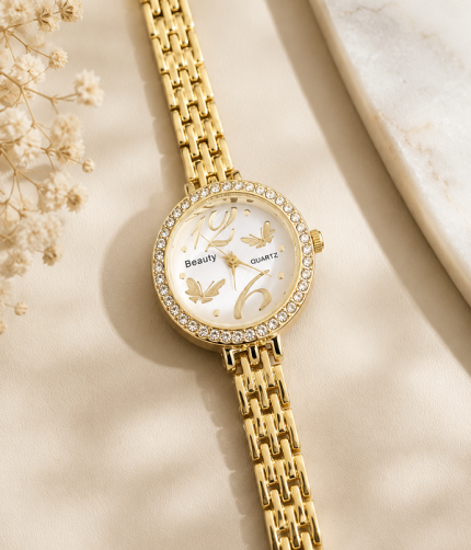 Gold-Tone Crystal Studded Butterfly Dial Quartz Watch for Women (ZV:141700)
