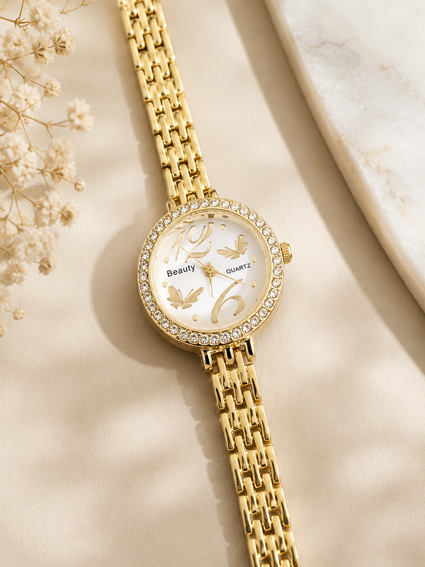 Gold-Tone Crystal Studded Butterfly Dial Quartz Watch for Women (ZV:141700)