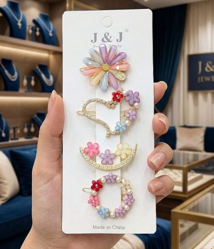 4-Piece Pastel Floral Hair Clip Set – Daisy, Heart, Moon & Wreath Designs (ZV:141722)