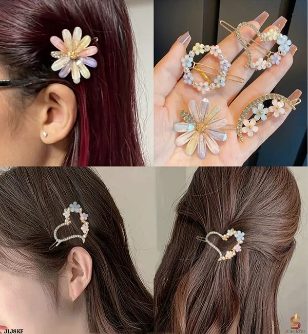 4-Piece Pastel Floral Hair Clip Set – Daisy, Heart, Moon & Wreath Designs (ZV:141722)