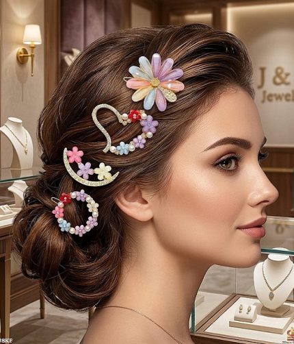 4-Piece Pastel Floral Hair Clip Set – Daisy, Heart, Moon & Wreath Designs (ZV:141722)