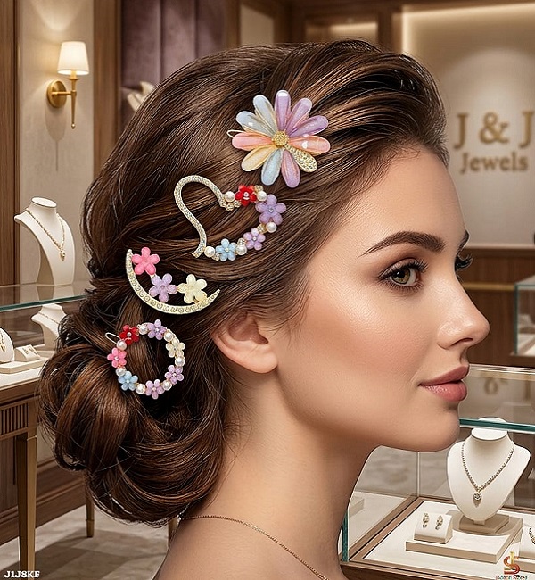 4-Piece Pastel Floral Hair Clip Set – Daisy, Heart, Moon & Wreath Designs (ZV:141722)