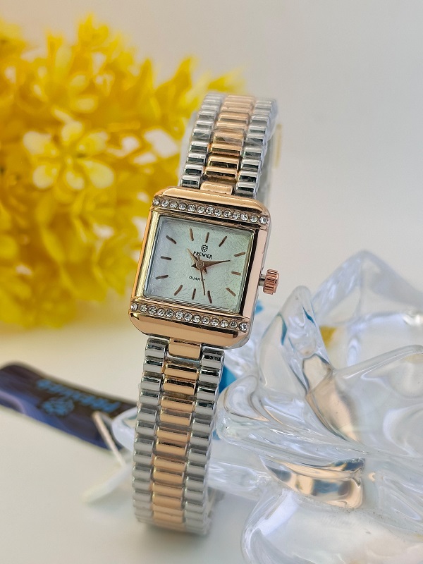 Premier Two-Tone Rectangular Crystal Studded Quartz Watch for Women (ZV:141703)