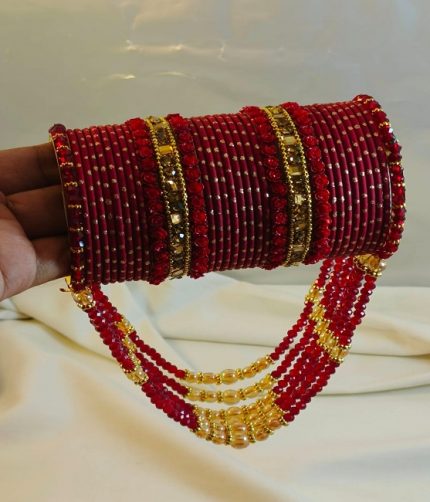 Maroon & Gold Bridal Crystal Jhoola Metal Bangles Set (ZV:141737)