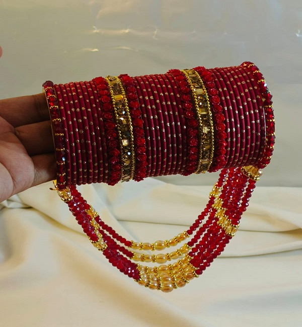 Maroon & Gold Bridal Crystal Jhoola Metal Bangles Set (ZV:141737)