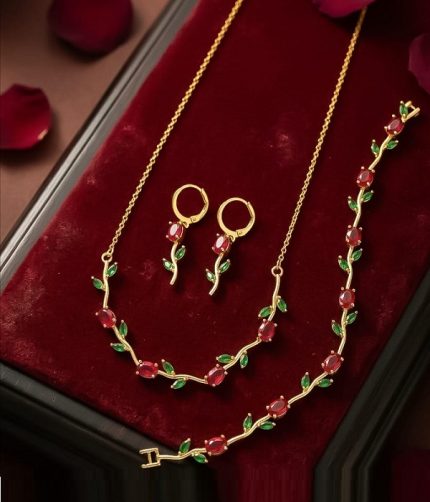 Ruby Red & Emerald Green Tulip Necklace Set, Bracelet & Earrings (ZV:141682)