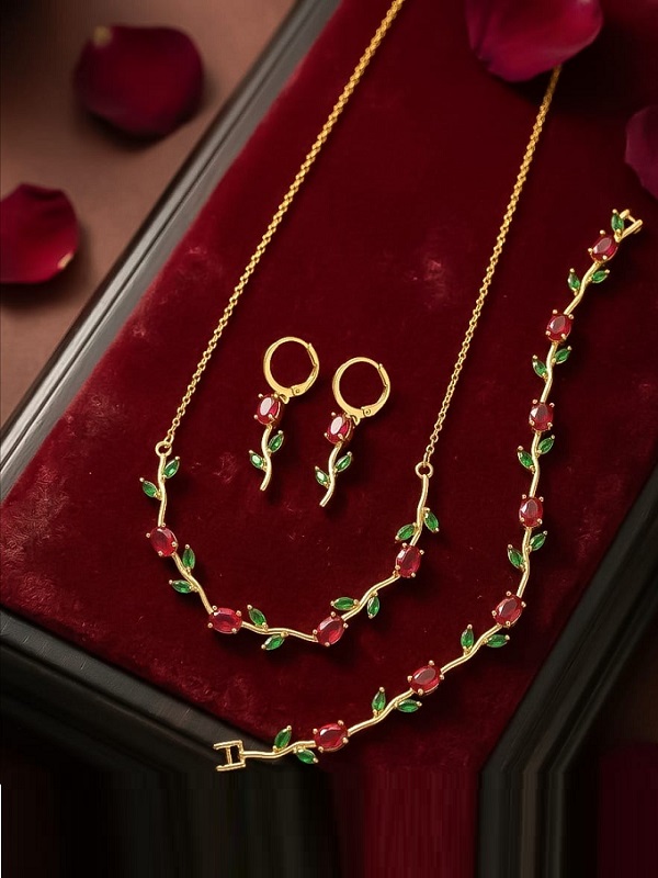 Ruby Red & Emerald Green Tulip Necklace Set, Bracelet & Earrings (ZV:141682) Ruby Red & Emerald Green Tulip Necklace Set, Bracelet & Earrings (ZV:141682)