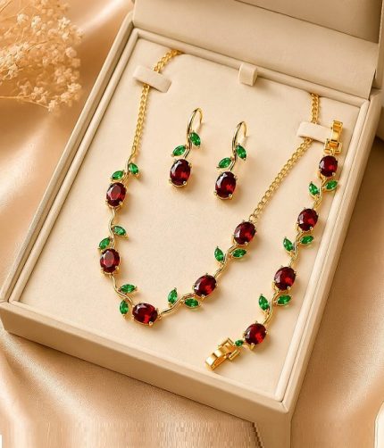 Ruby Red & Emerald Green Tulip Necklace Set, Bracelet & Earrings (ZV:141682)