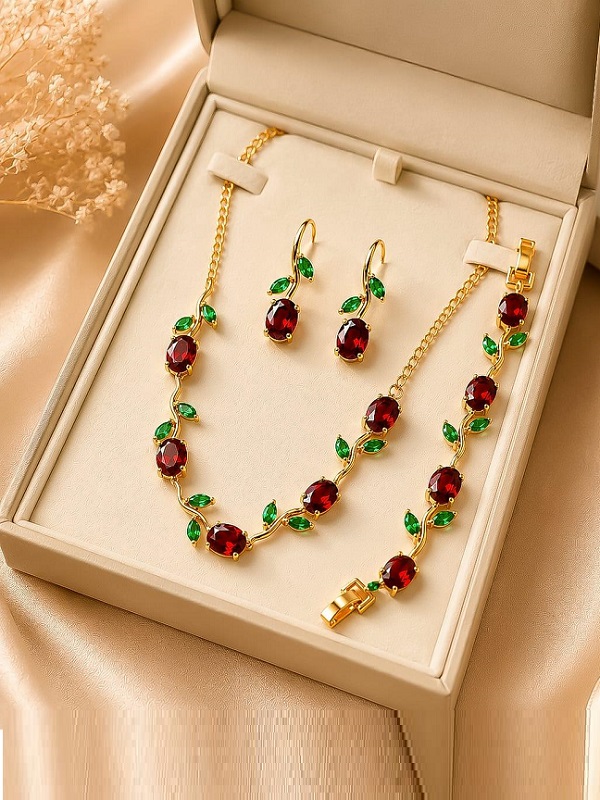 Ruby Red & Emerald Green Tulip Necklace Set, Bracelet & Earrings (ZV:141682) Ruby Red & Emerald Green Tulip Necklace Set, Bracelet & Earrings (ZV:141682)