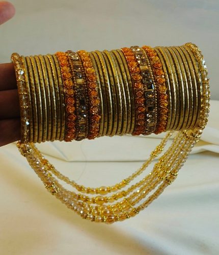 Yellow Bridal Crystal Jhoola Metal Bangles Set with Latkan (ZV:141745)