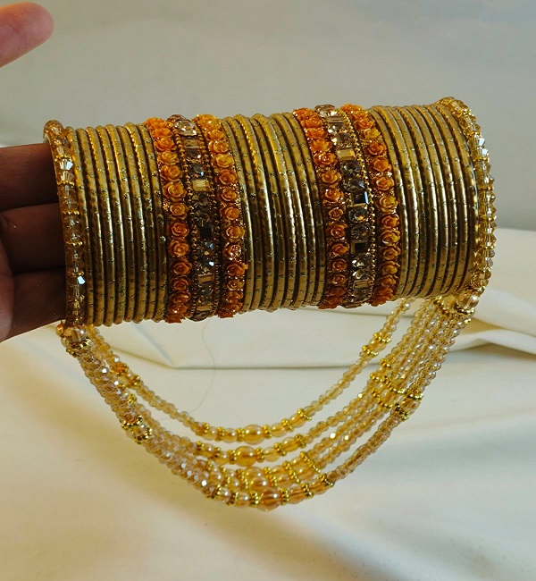 Yellow Bridal Crystal Jhoola Metal Bangles Set with Latkan (ZV:141745)