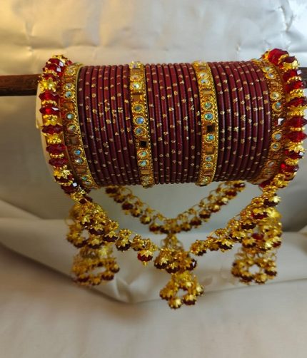 Maroon & Gold Bridal Churiyan Set with Double Jhumki Jhoola (ZV:141780)