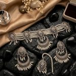 Silver Oxidized Pearl Choker Set with Earrings & Tikka (ZV:141874)