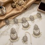 Silver Oxidized Pearl Choker Set with Earrings & Tikka (ZV:141874)