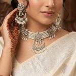 Silver Oxidized Pearl Choker Set with Earrings & Tikka (ZV:141874)