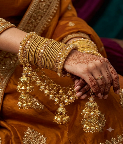 Yellow & Gold Bridal Churiyan Set with Double Jhumki Jhoola (ZV:141785)