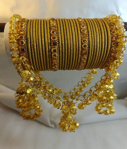 Yellow & Gold Bridal Churiyan Set with Double Jhumki Jhoola (ZV:141785)