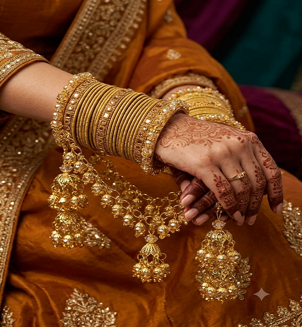 Yellow & Gold Bridal Churiyan Set with Double Jhumki Jhoola (ZV:141785) Yellow & Gold Bridal Churiyan Set with Double Jhumki Jhoola (ZV:141785)