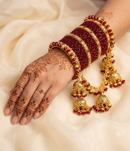 Maroon & Gold Bridal Churiyan Set with Double Jhumki Jhoola (ZV:141780)