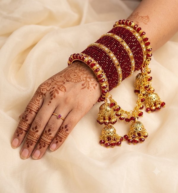 Maroon & Gold Bridal Churiyan Set with Double Jhumki Jhoola (ZV:141780) Maroon & Gold Bridal Churiyan Set with Double Jhumki Jhoola (ZV:141780)