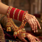 Red & Gold Bridal Bangles Churiyan Set with Double Jhumki Jhoola (ZV:141789)