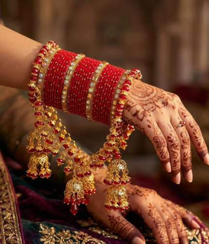 Red & Gold Bridal Bangles Churiyan Set with Double Jhumki Jhoola (ZV:141789)
