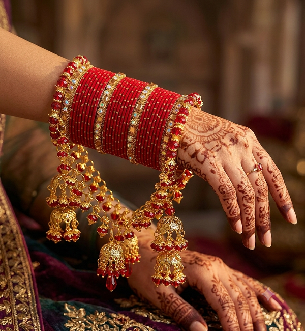 Red & Gold Bridal Bangles Churiyan Set with Double Jhumki Jhoola (ZV:141789) Red & Gold Bridal Bangles Churiyan Set with Double Jhumki Jhoola (ZV:141789)