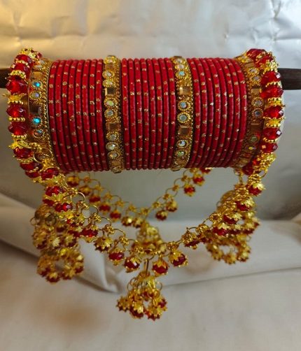 Red & Gold Bridal Bangles Churiyan Set with Double Jhumki Jhoola (ZV:141789)