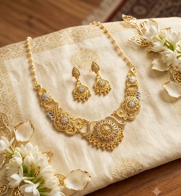 Gold Plated 2 Tone Necklace with Earrings