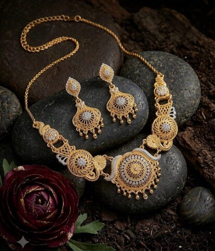 Gold Plated 2 Tone Necklace with Earrings