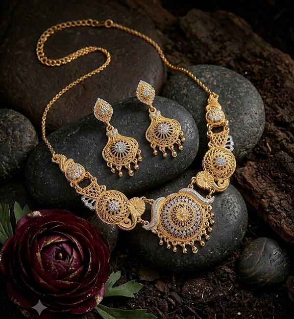 Gold Plated 2 Tone Necklace with Earrings